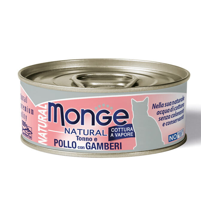 MONGE NATURAL CIBO UMIDO GATTO ADULTO TONNO E POLLO CON GAMBERI 80 GR