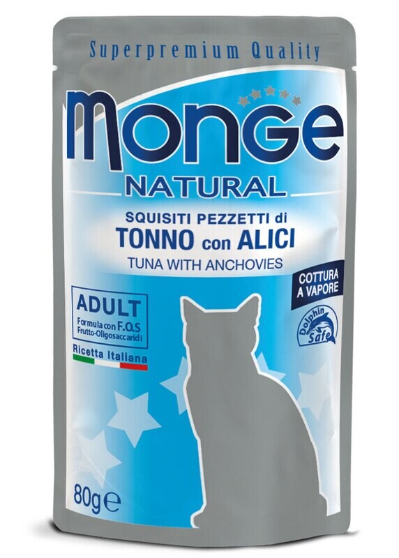 MONGE NATURAL CIBO POUCH UMIDO GATTO ADULTO TONNO CON ALICI 80 GR