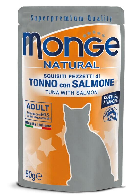 MONGE NATURAL POUCH CIBO UMIDO GATTO ADULTO TONNO CON SALMONE 80 GR