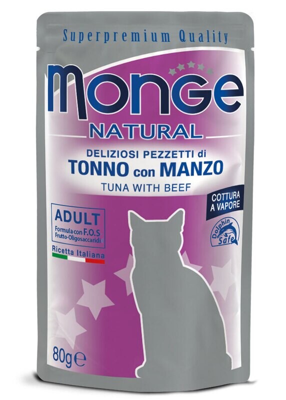 MONGE NATURAL CIBO POUCH UMIDO GATTO ADULTO TONNO CON MANZO 80 GR