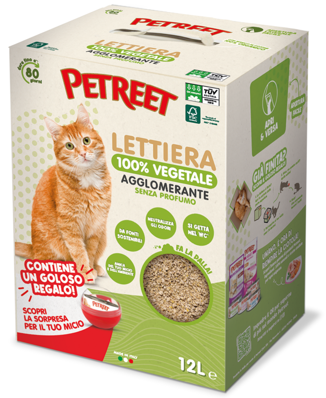 PETREET BOX LETTIERA VEGETALE PER GATTI SENZA PROFUMO 12 LT + OMAGGIO