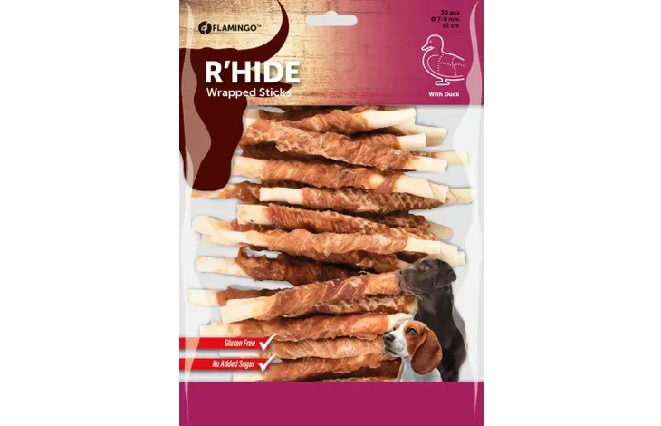 FLAMINGO SNACKS R&#39;HIDE BASTONE BIANCO CON ANATRA 12CM 10-12GR / 30 PZS 350G