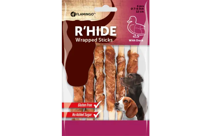 FLAMINGO SNACKS R&#39;HIDE BASTONE BIANCO CON ANATRA 12CM 10-12GR / 6 PZS 70G