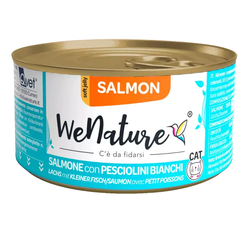 WENATURE CIBO UMIDO GATTO JELLY SALMONE CON PESCIOLINI BIANCHI ZERO CEREALI 85 GR
