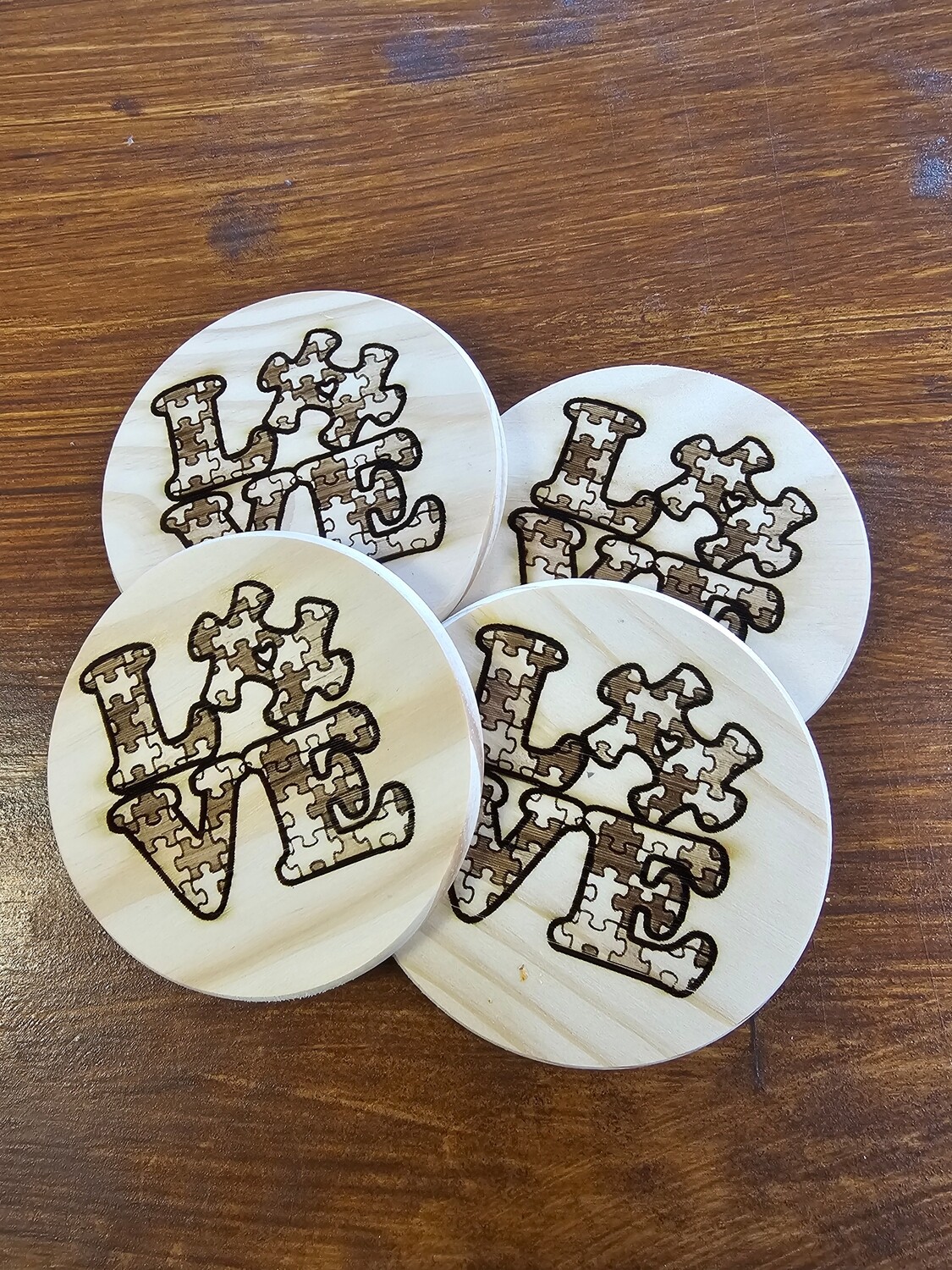 Autism Love Coasters Lasered Engraved/laser burned set of 4