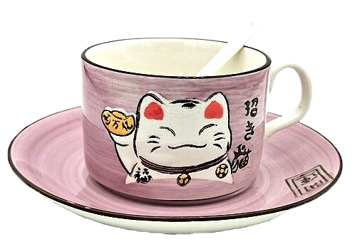 Lucky Cat Japanese Style Tea Cup set c/w Spoon  - Purple