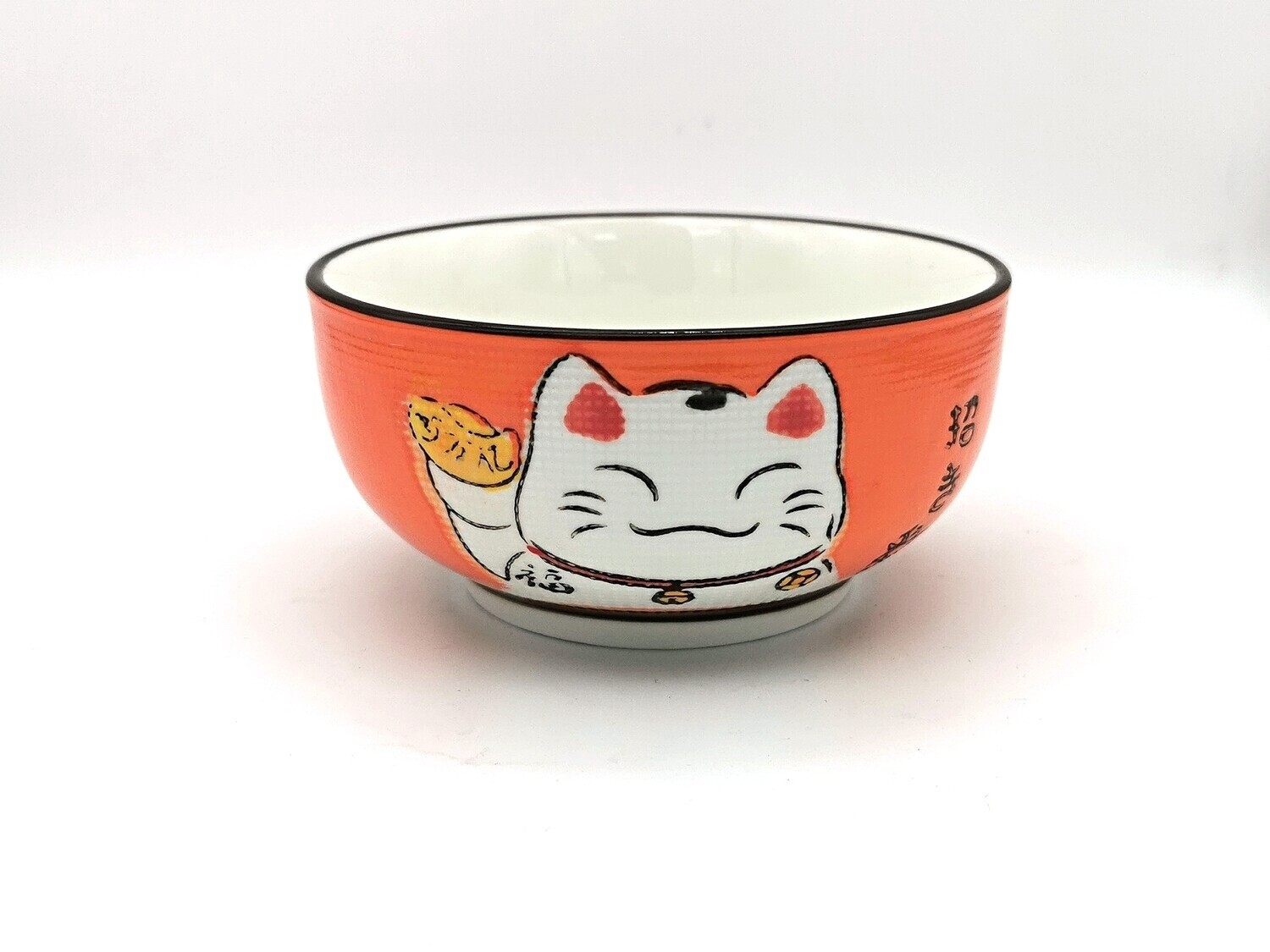 Lucky Cat Japanese Style Round  Rice Bowl 4.5&quot; - Orange