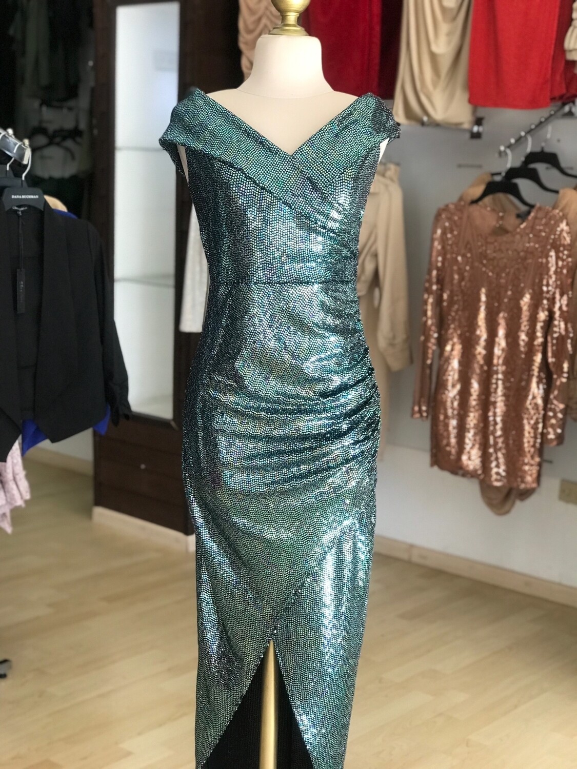 Vestido midi  lentejuela asimetrico Azul plata