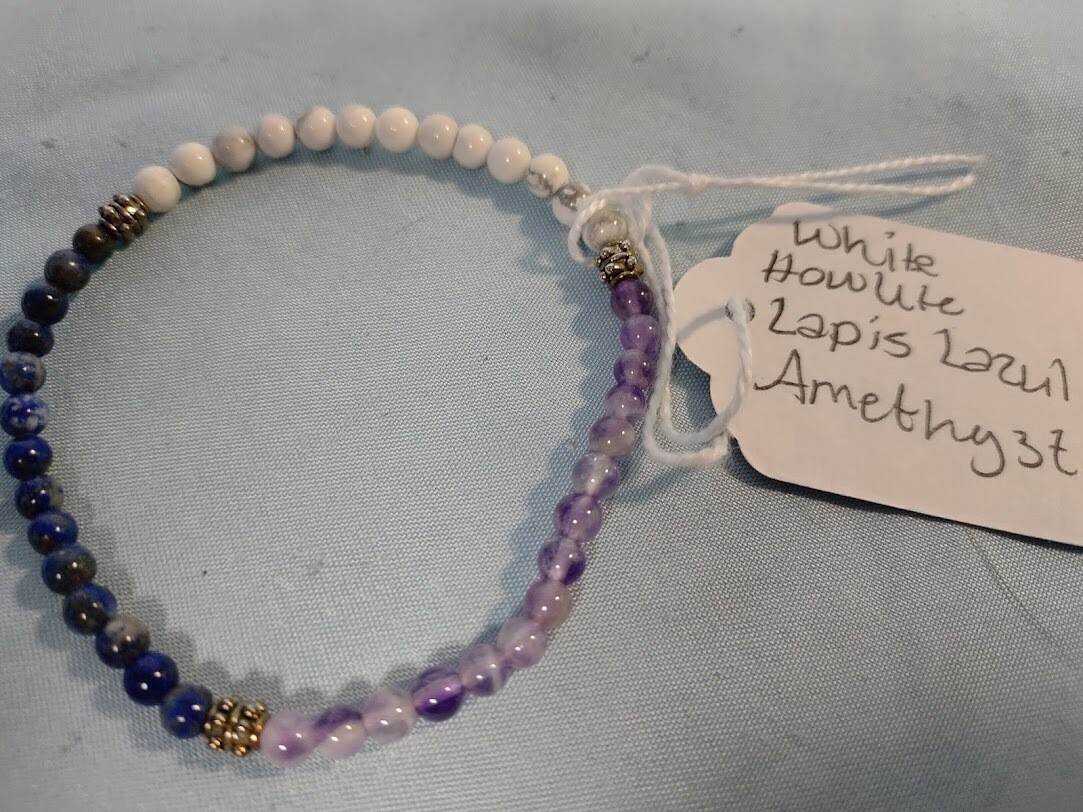 White Howlite, Lapis, Amethyst Bracelet/small 4mm