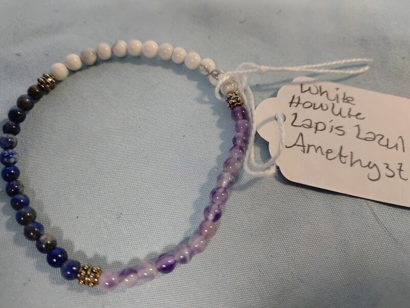 White Howlite, Lapis, Amethyst Bracelet/small 4mm