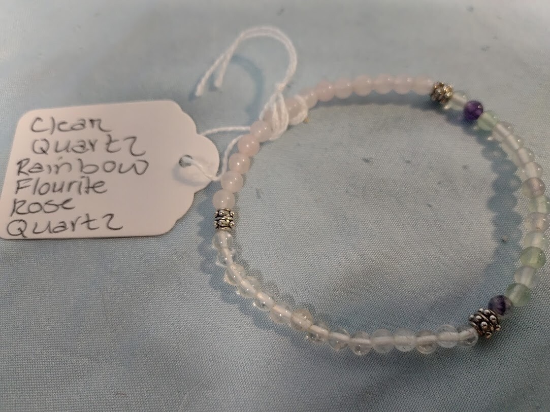 Clear Quartz, Rainbow Fluorite, Rose Quartz Bracelet /small 4mm