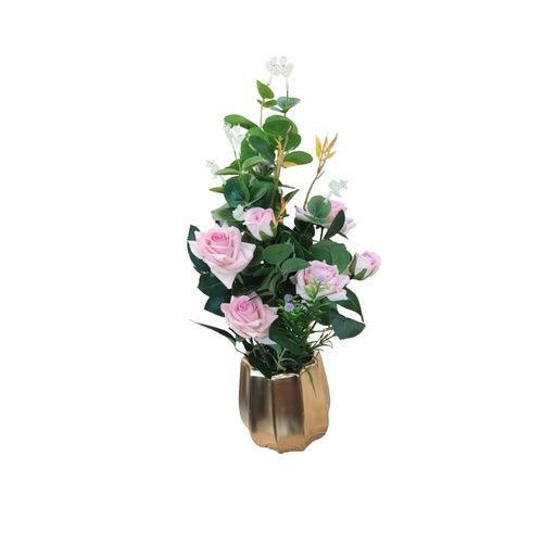 DECO ROSAS ROSADAS CON FLORERO DORADO
