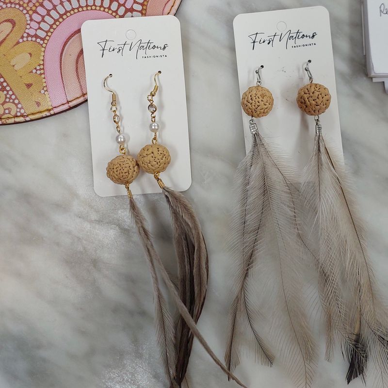 First Nations Fashionista - Quondong with emu feathers