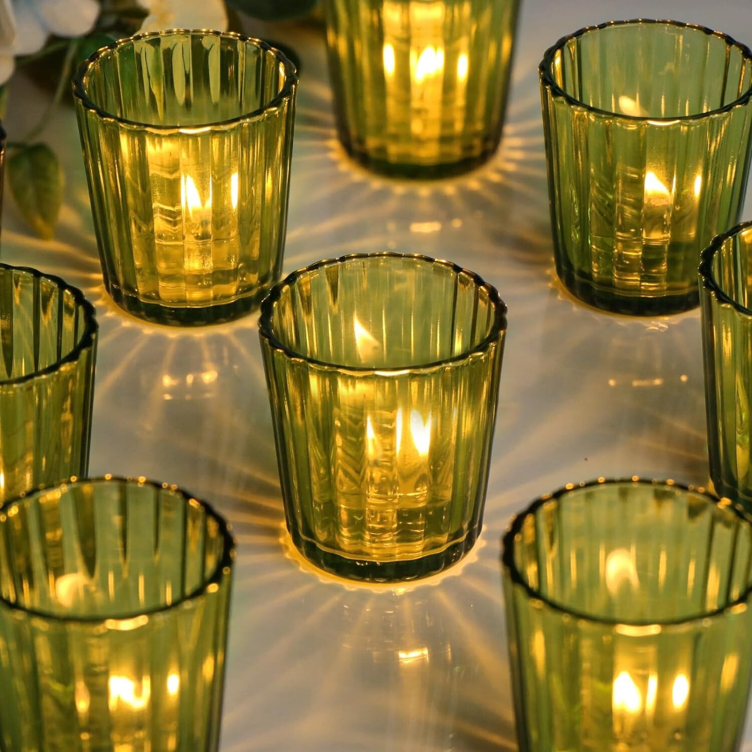 Green Ribbed Glass Votive Holder