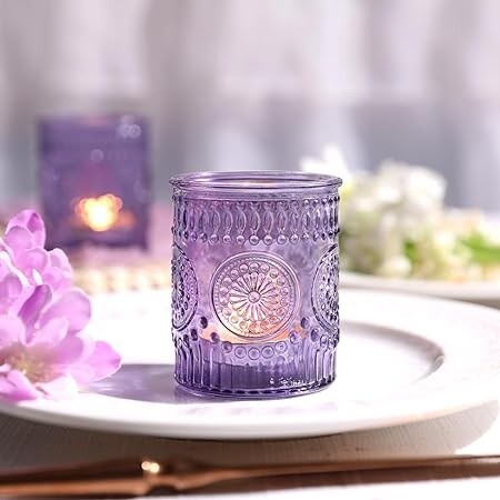 Purple Patterned Glass Votive Holder