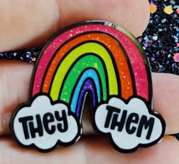 Rainbow &amp; Clouds Enamel Pronoun Pin (They/Them)