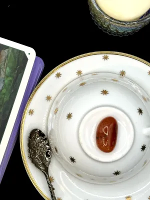 Orange-red carnelian tumbled stone with a glossy polish on a white teacup and saucer with gold stars.