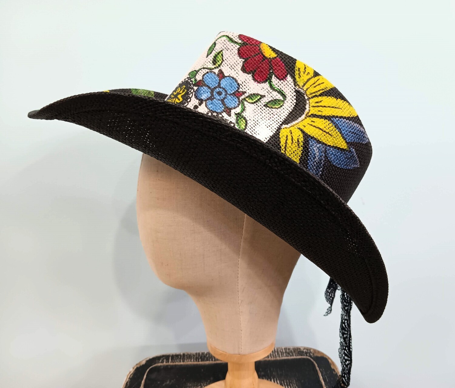 Straw Cowboy Black Painted Sugar Skull 1