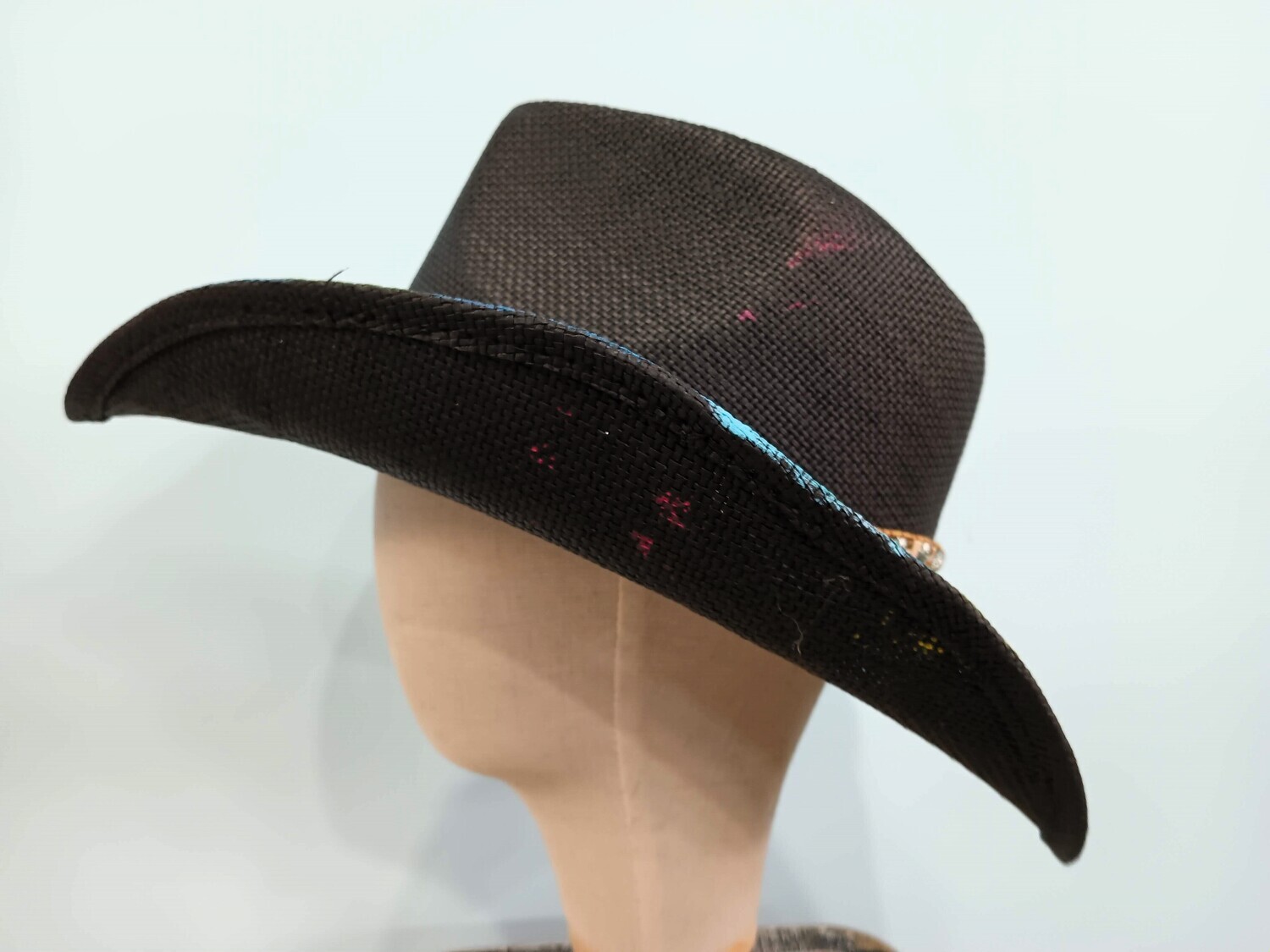 Straw Cowboy Black Painted Fthr/Bnd
