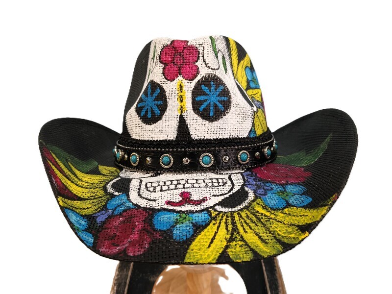 Straw Cowboy Black Painted Sugar Skull 2