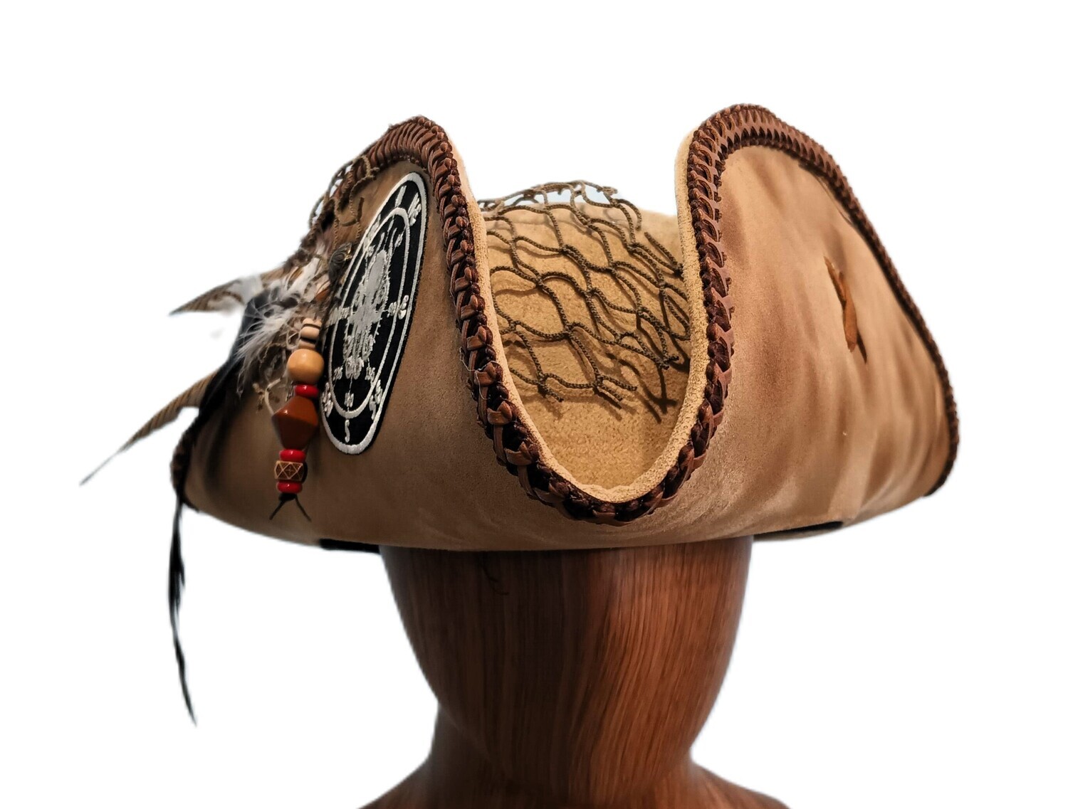 Calypso Pirate Tricorn Hat Tan w/ Brown Trim 1
