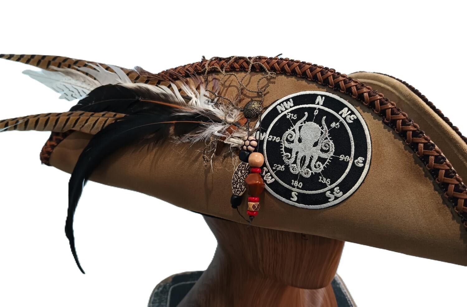 Calypso Pirate Tricorn Hat Tan w/ Brown Trim 1
