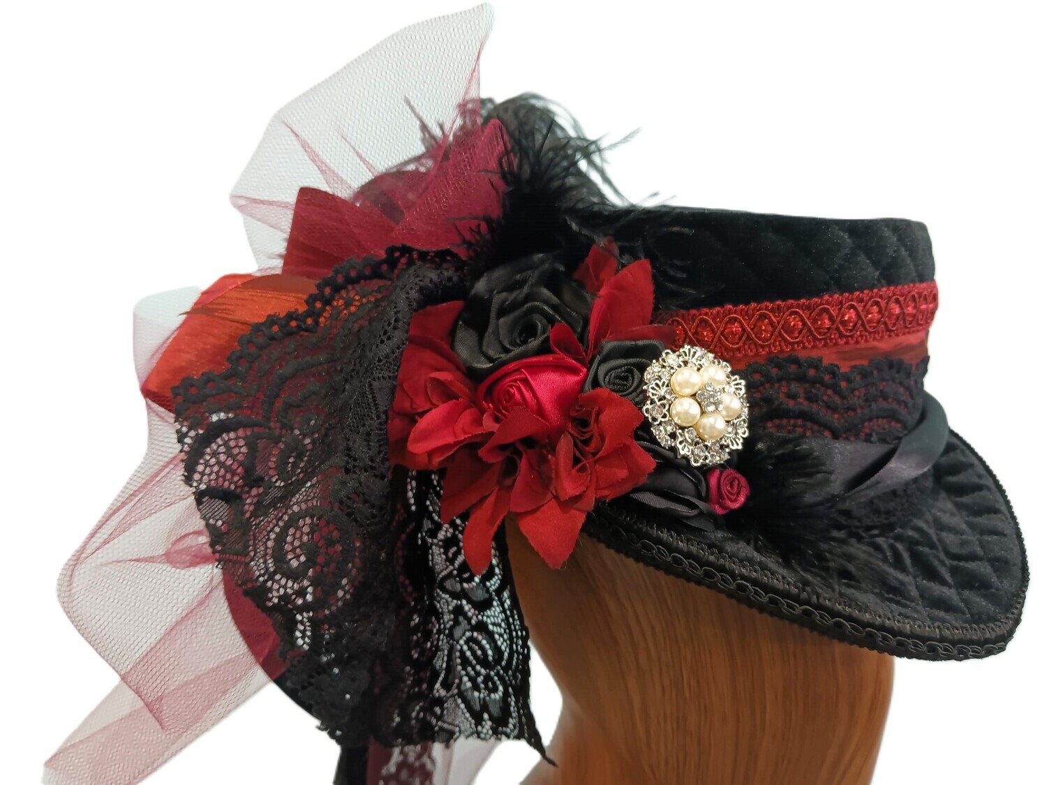 Black/ Red Crushed Velvet Victorian Fascinator