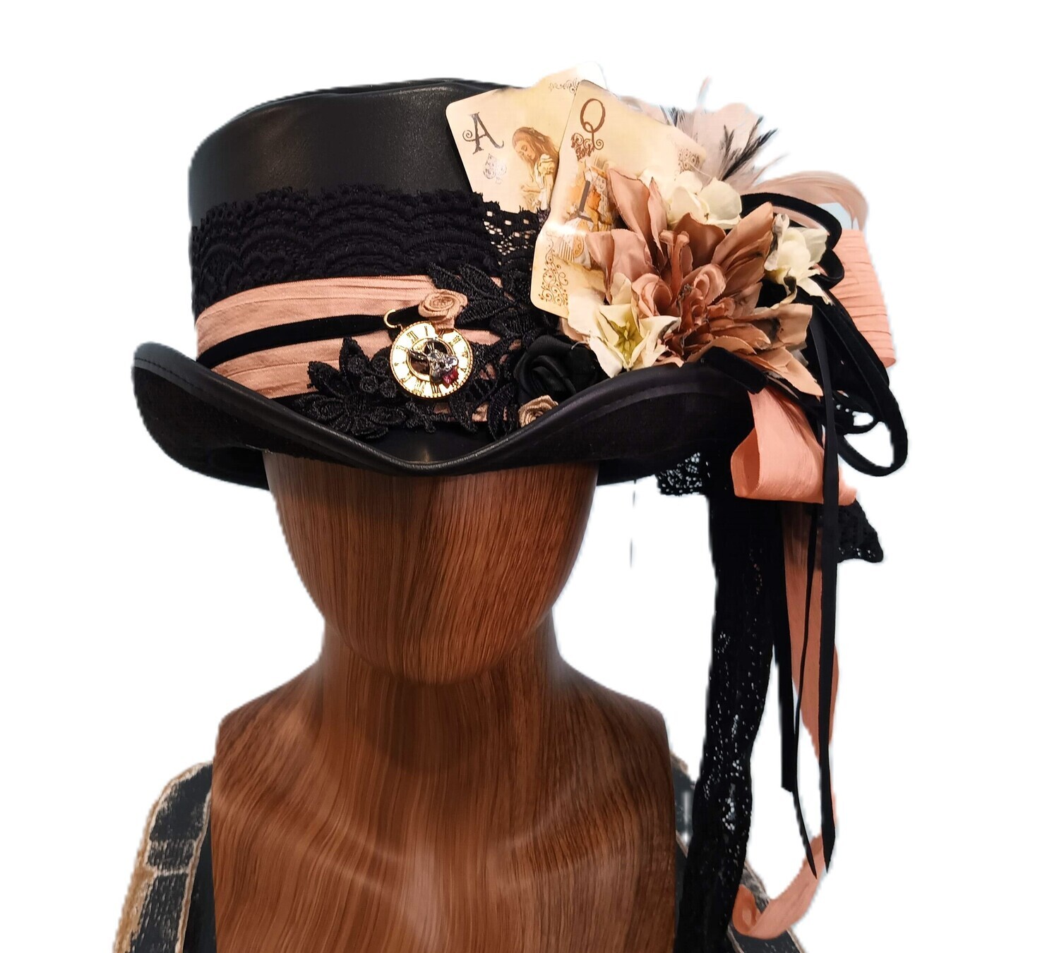 Faux Leather Ladies Victorian Top Hat Black/ Pink L