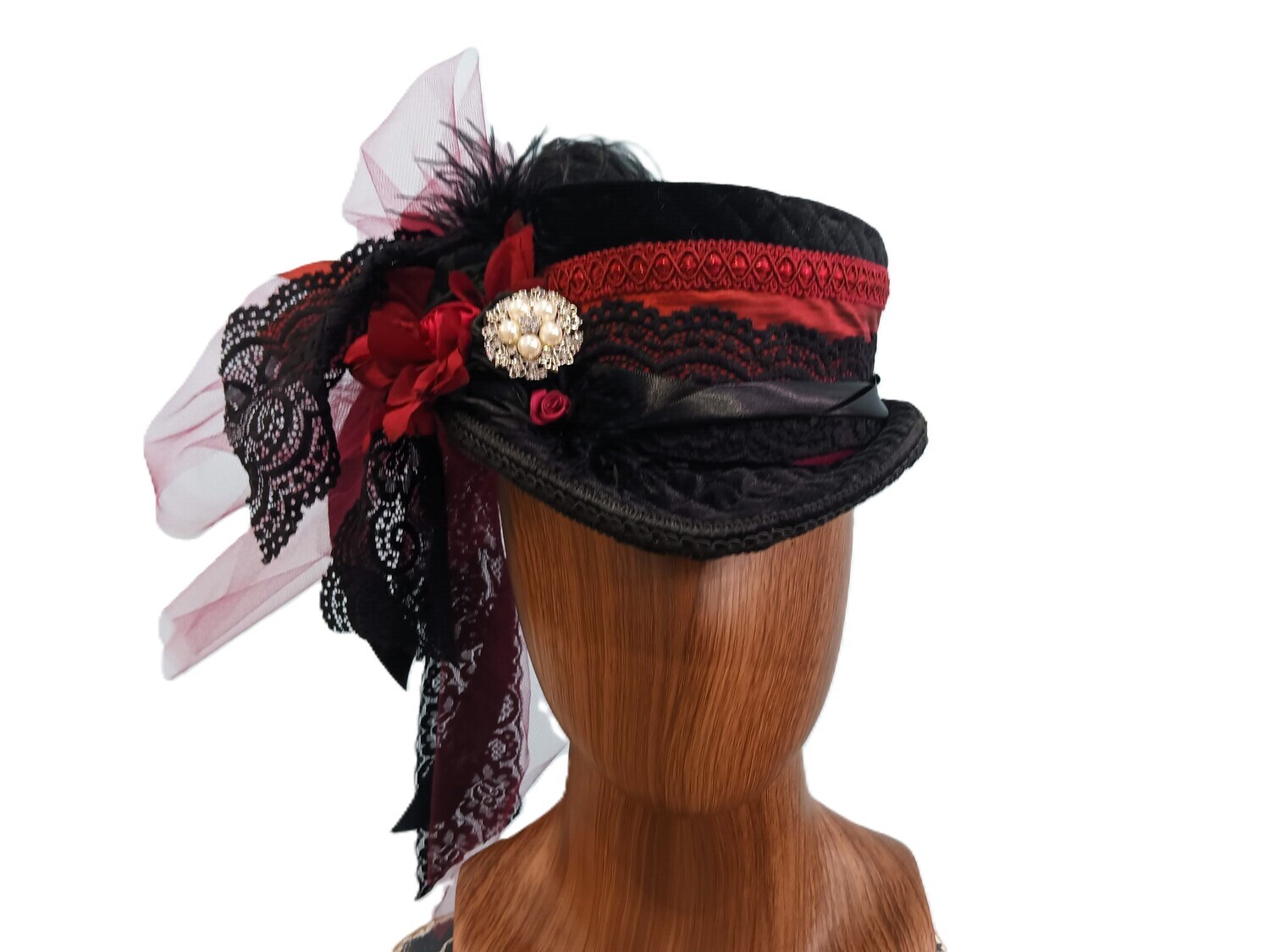 Black/ Red Crushed Velvet Victorian Fascinator