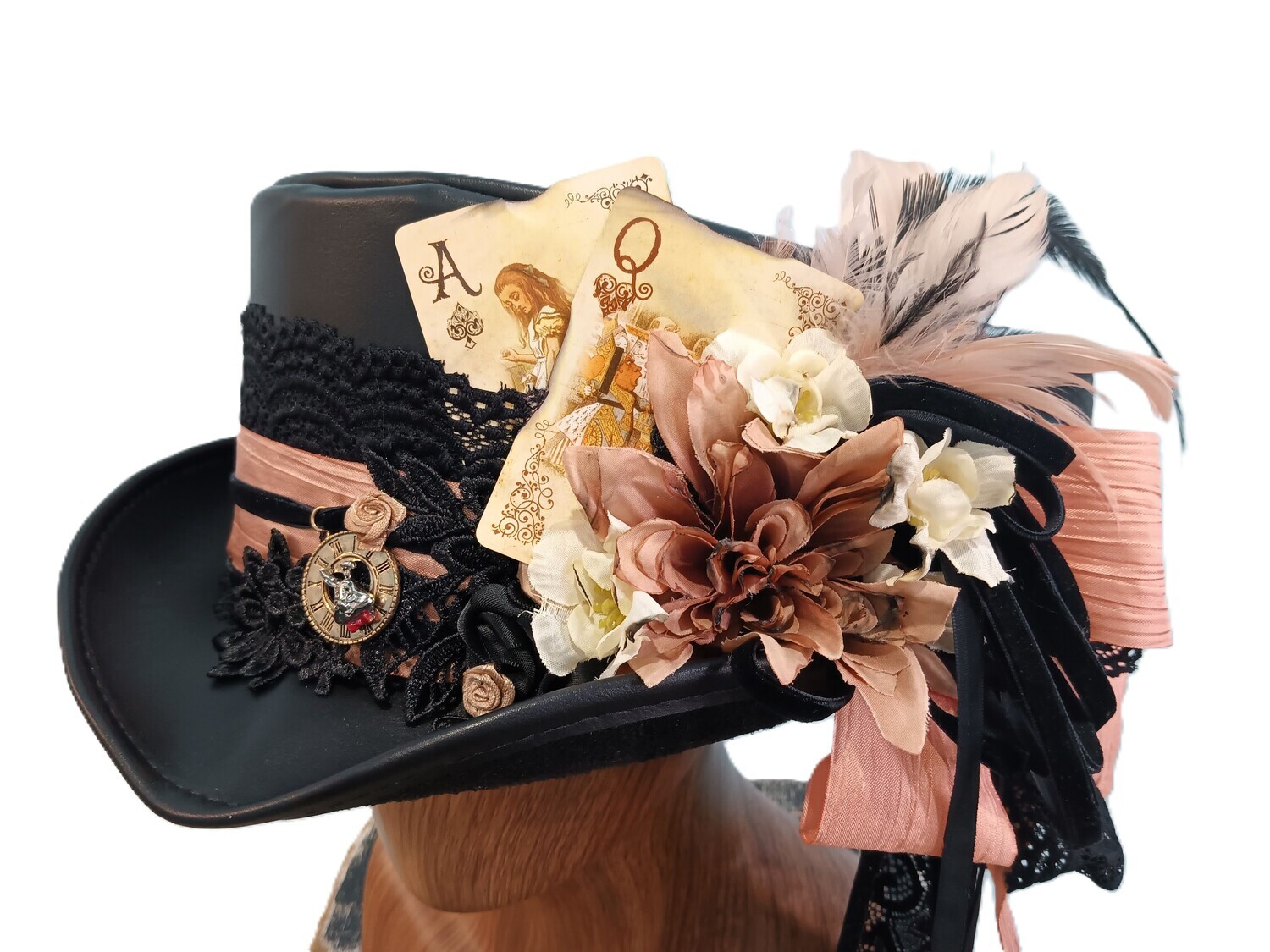 Faux Leather Ladies Victorian Top Hat Black/ Pink L
