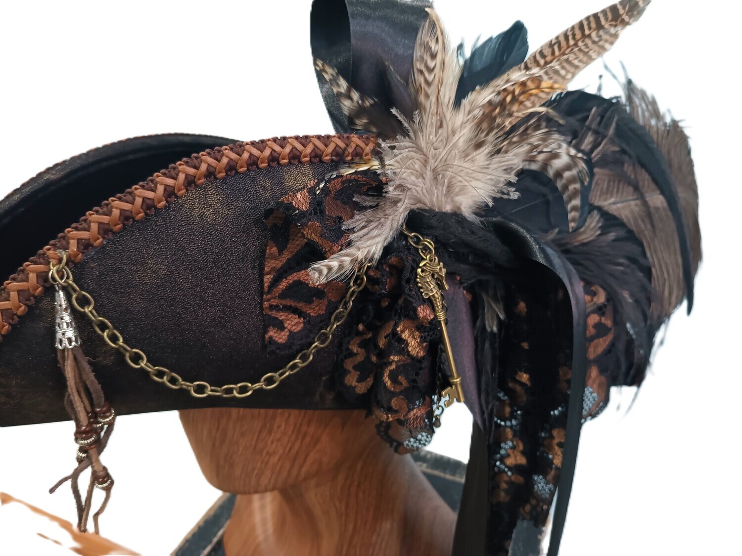 Calypso Ladies Tricorn Pirate Hat Black/ Brown 1