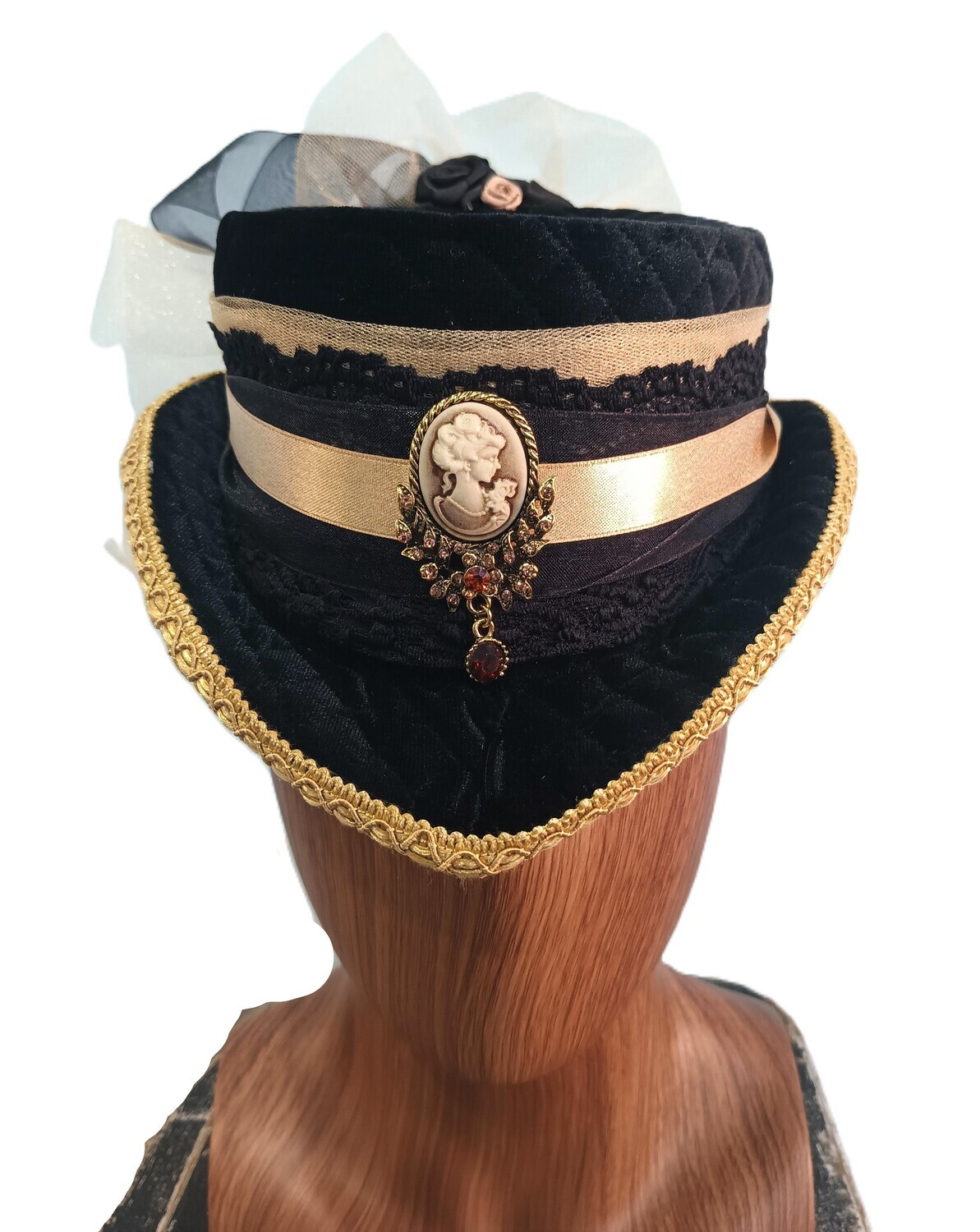 Black/ Gold Crushed Velvet Victorian Fascinator 1