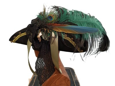 Calypso Ladies Black Tricorn Pirate Hat Emerald Trim