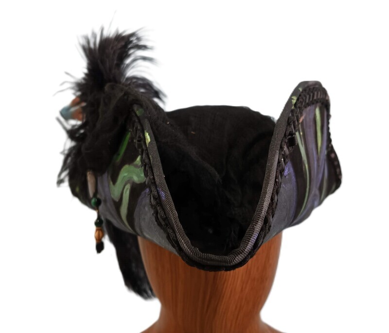 Calypso Ladies Black Tricorn Pirate Hat Painted Squid 1
