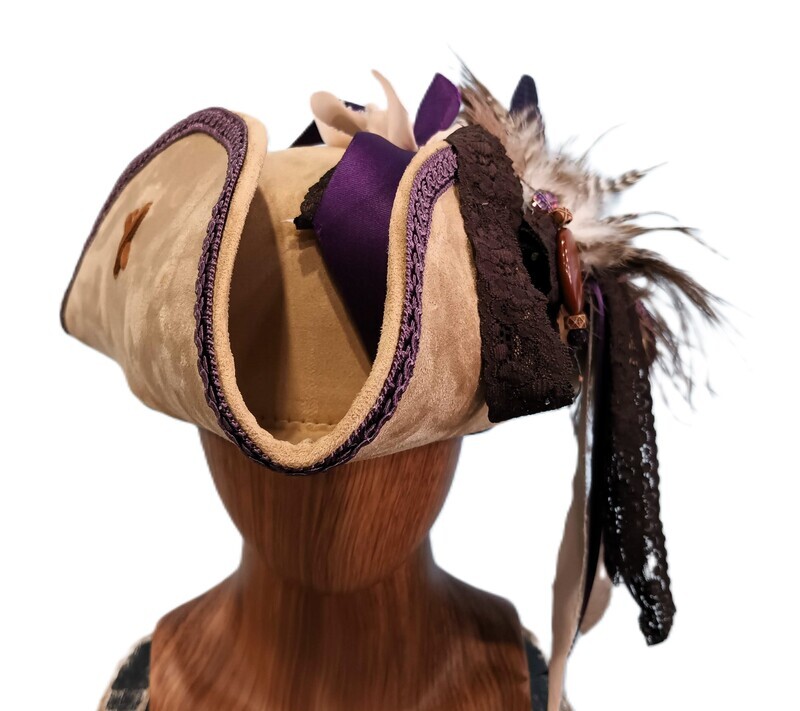 Calypso Ladies Tricorn Pirate Hat Tan/ Purple 1