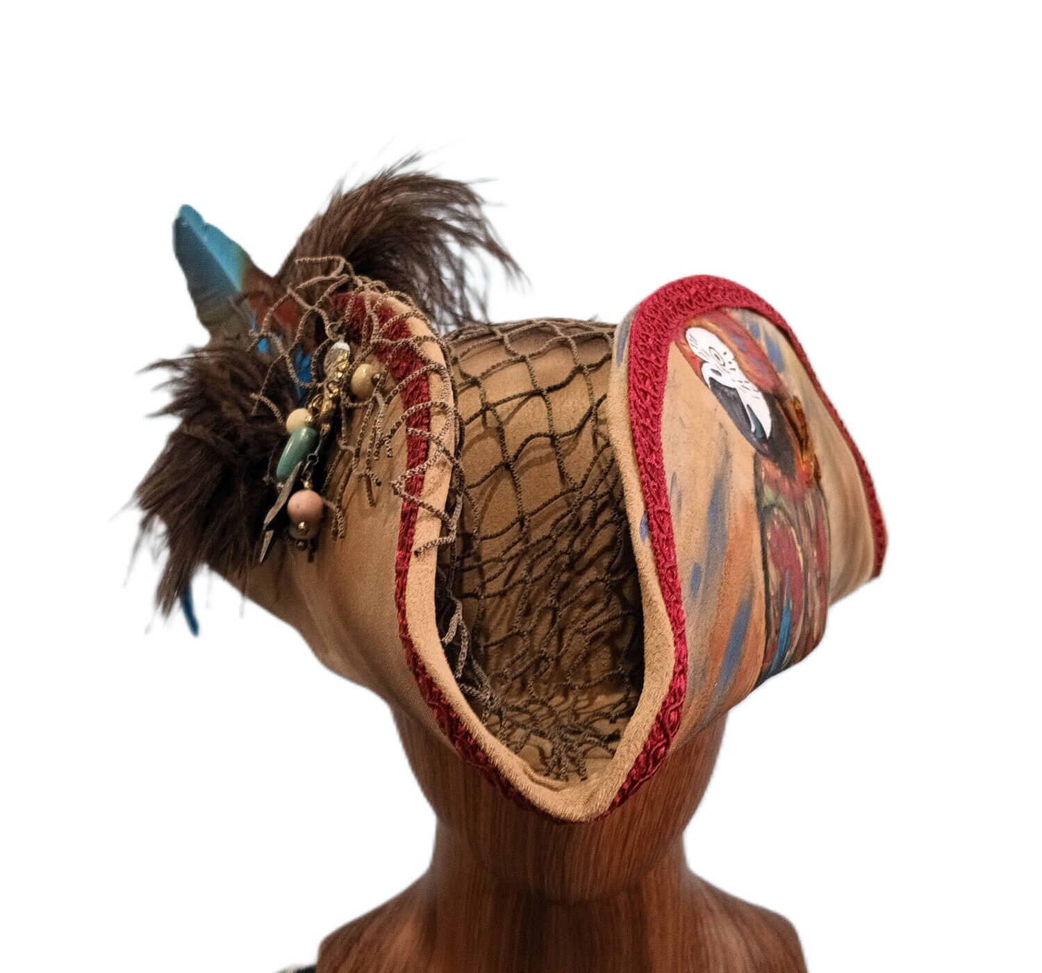 Calypso Tan Tricorn Pirate Hat Painted Parrot