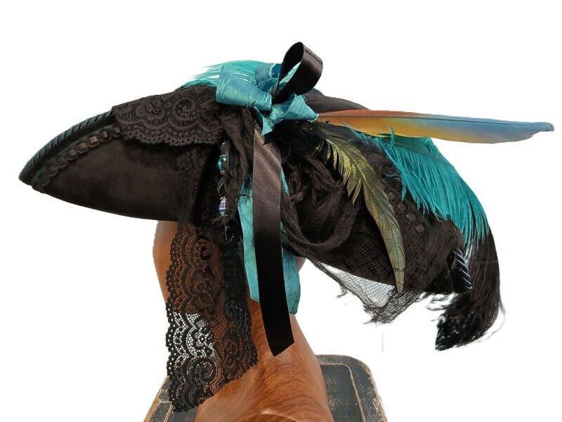 Calypso Ladies Black/ Teal Tricorn Pirate Hat 1