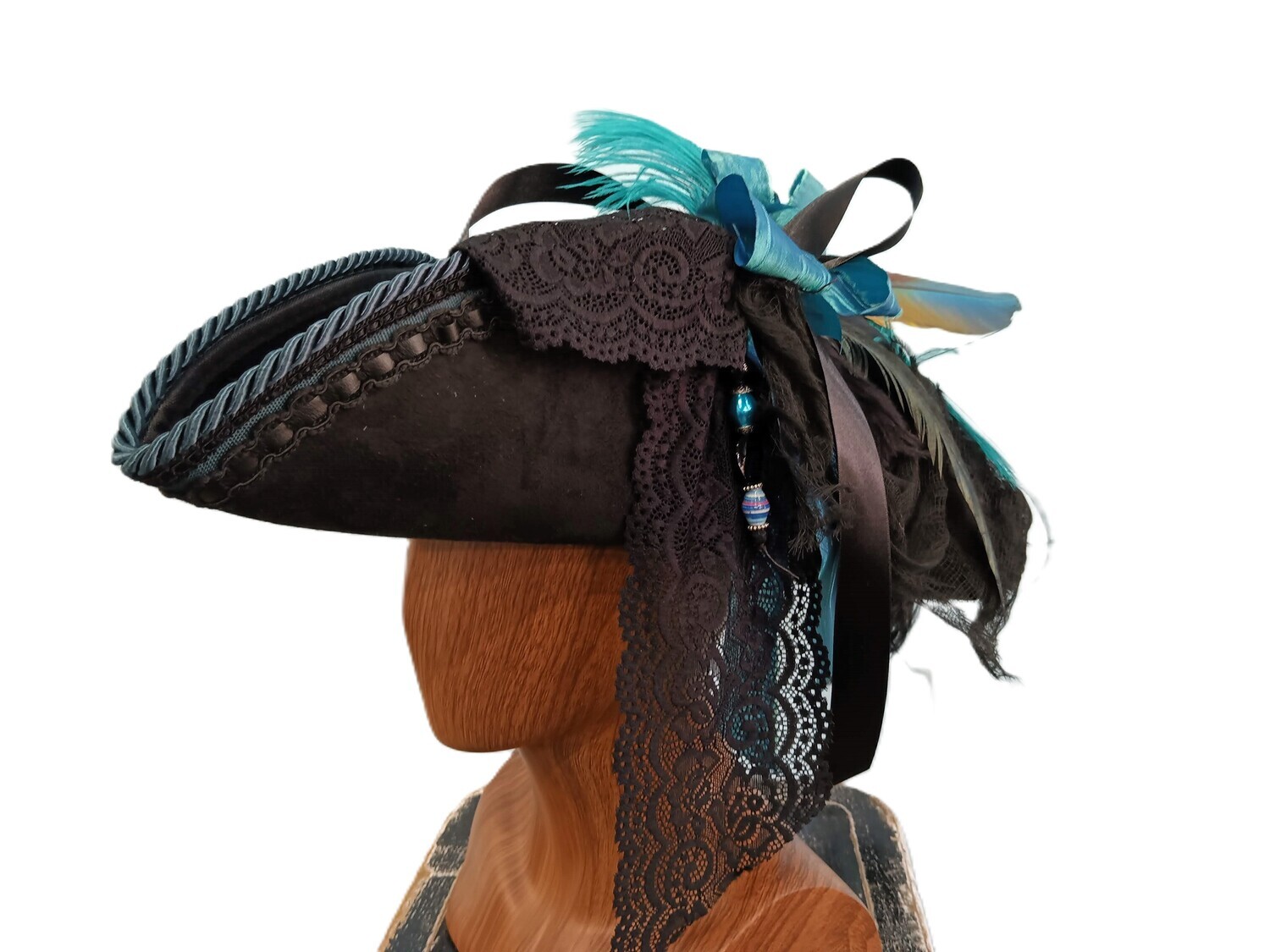 Calypso Ladies Black/ Teal Tricorn Pirate Hat 1