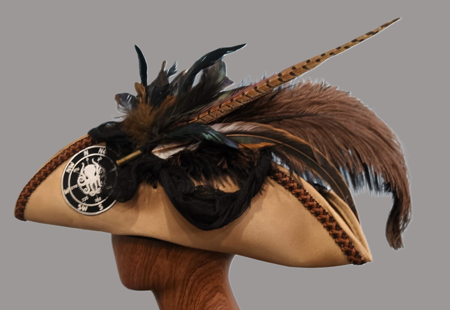 Calypso Pirate Tricorn Hat Tan w/ Brown Trim 2