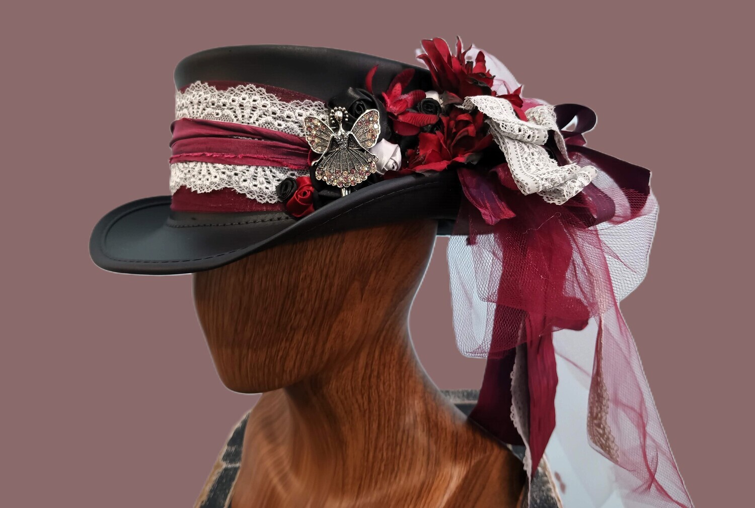 Marlowe AH Ladies Black/ Wine Victorian Top Hat 2 M