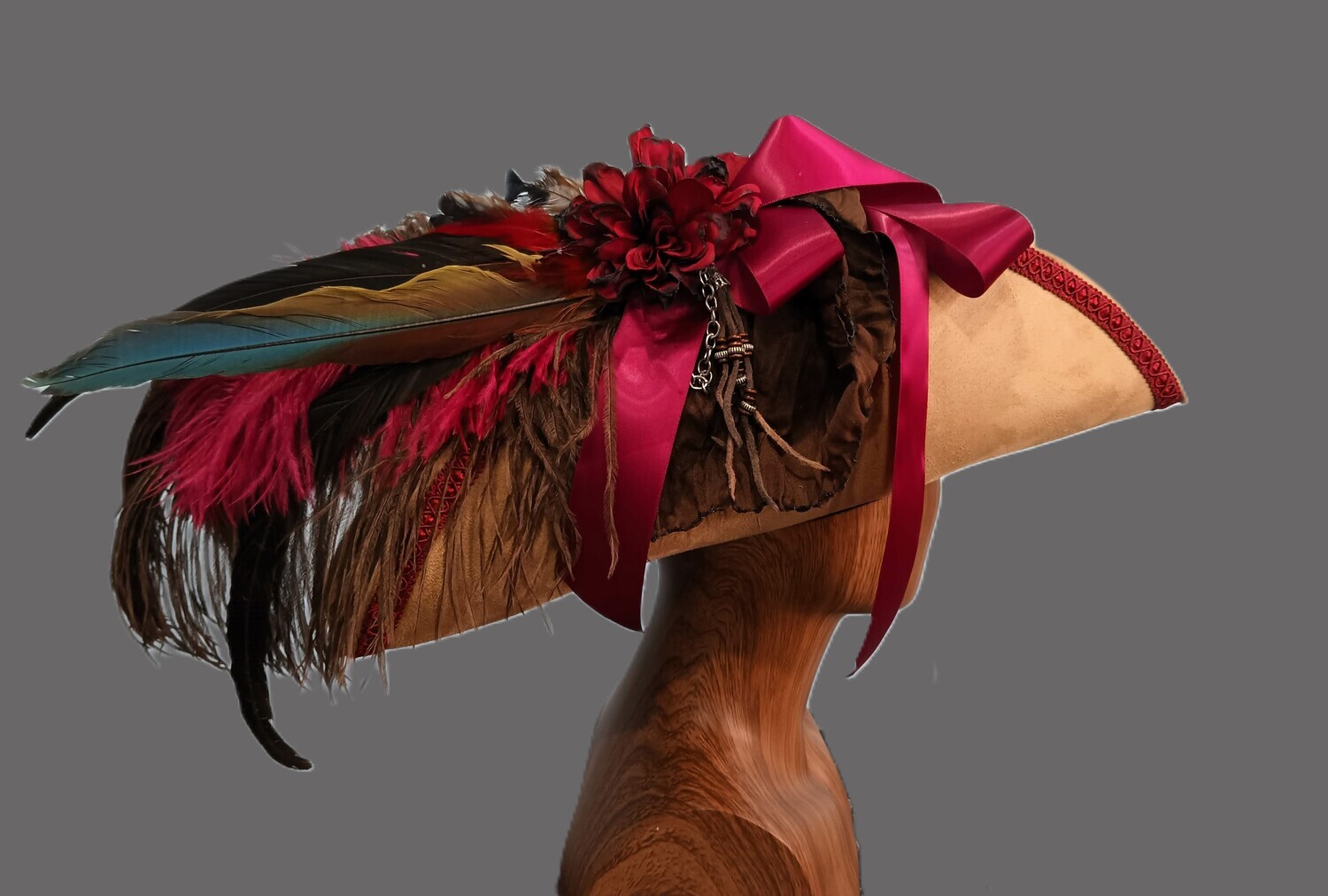 Calypso Ladies Tan/ Burgundy Tricorn Pirate Hat 1