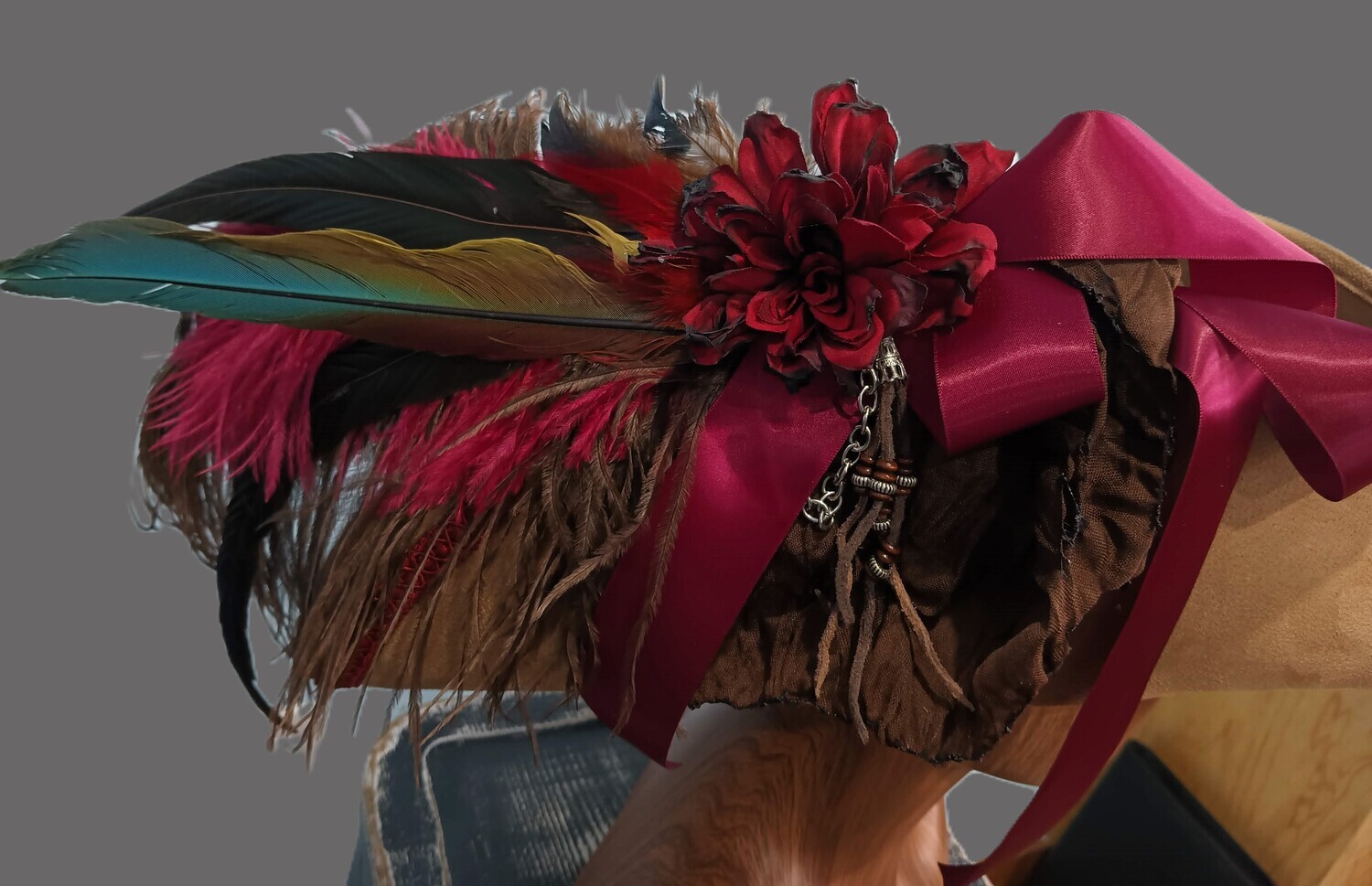 Calypso Ladies Tan/ Burgundy Tricorn Pirate Hat 1