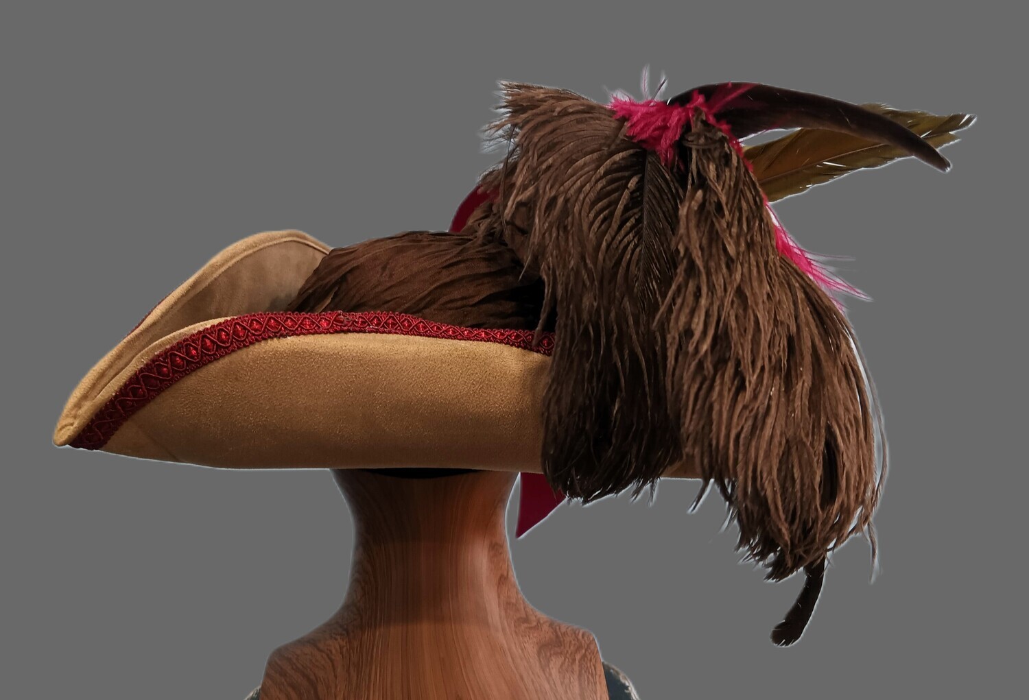 Calypso Ladies Tan/ Burgundy Tricorn Pirate Hat 1