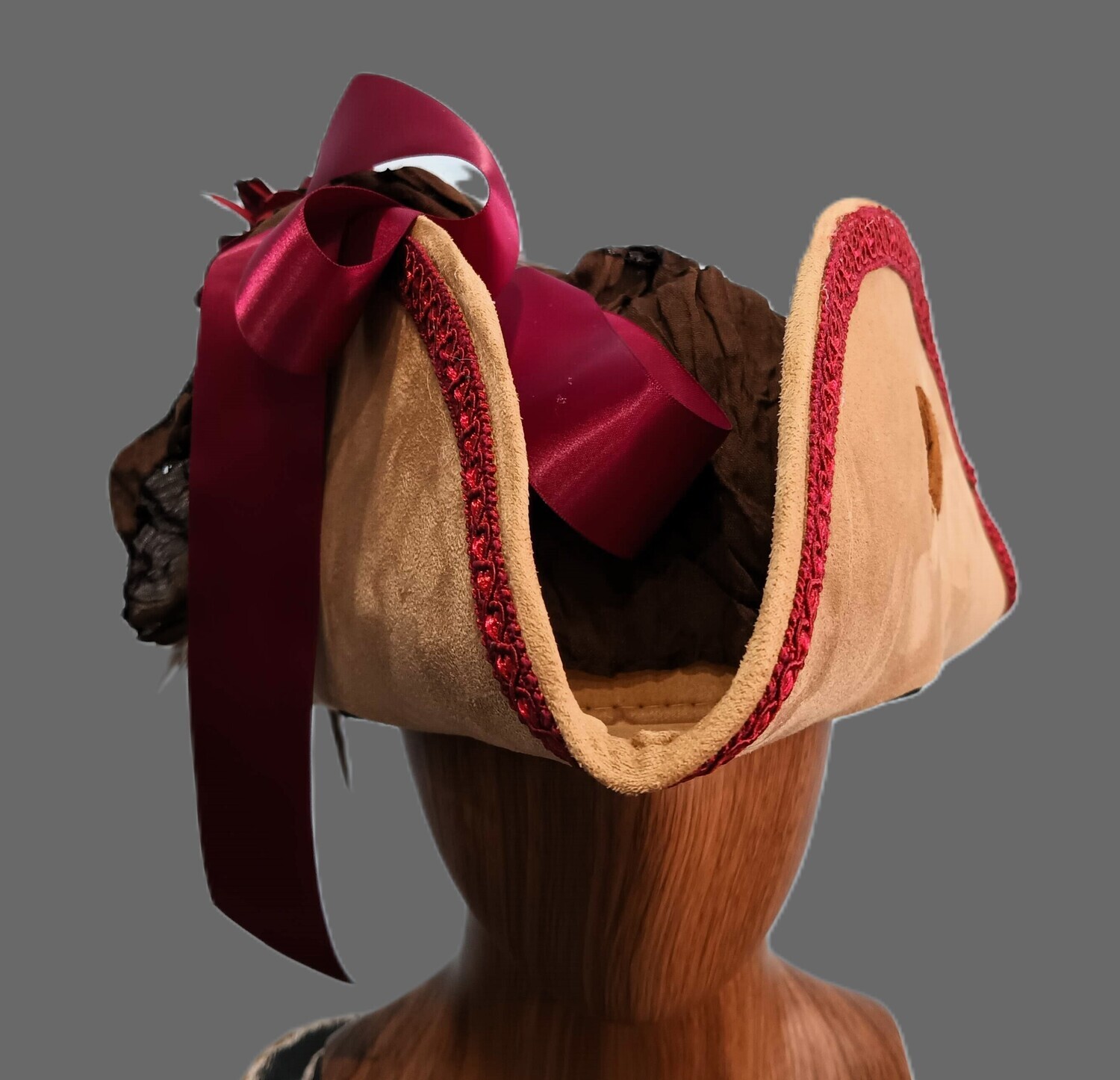 Calypso Ladies Tan/ Burgundy Tricorn Pirate Hat 1