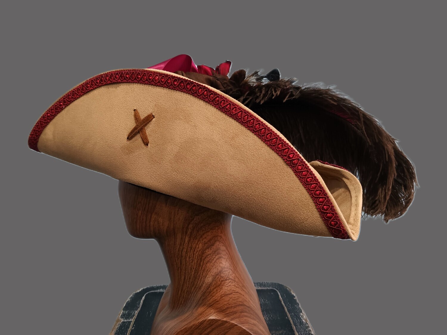 Calypso Ladies Tan/ Burgundy Tricorn Pirate Hat 1