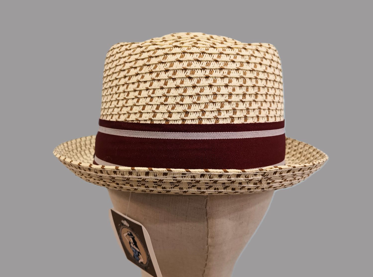 Cream &amp; Burgundy Paper Straw Pork Pie XL
