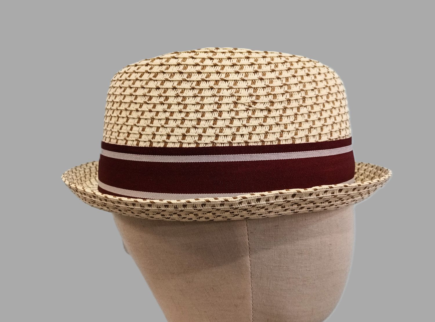 Cream &amp; Burgundy Paper Straw Pork Pie XL