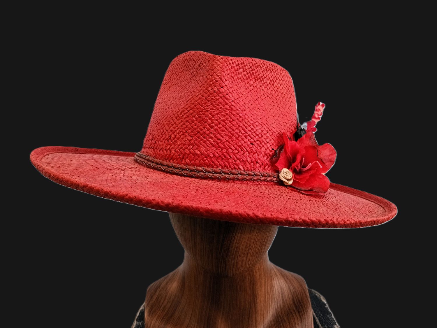 Red Straw Rolled Brim Rancher L