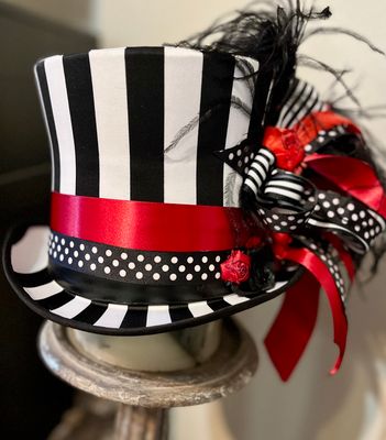 Black and white striped top hat/red accent