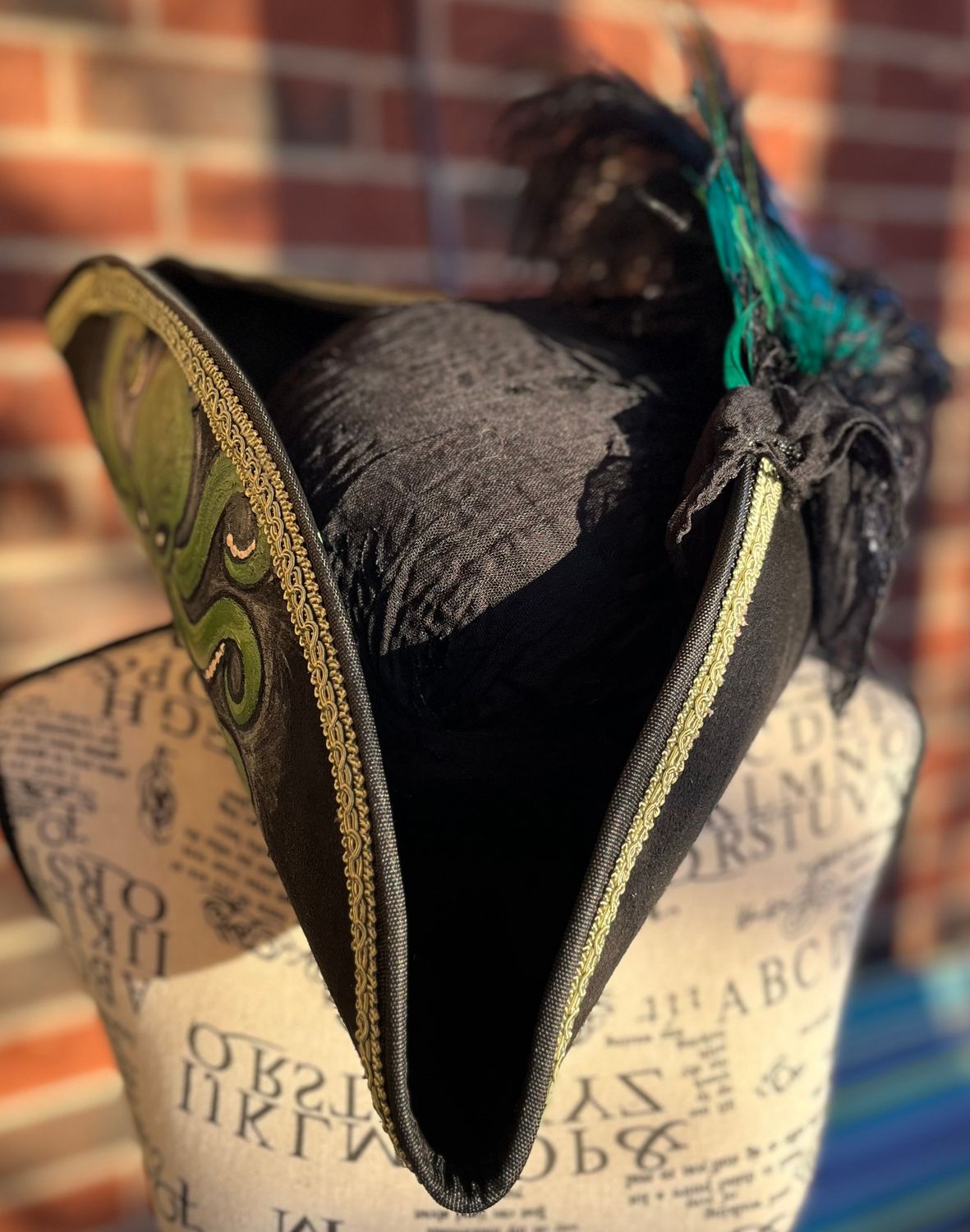 Calypso Black Tricorn Pirate Hat/Handpainted Green Kraken